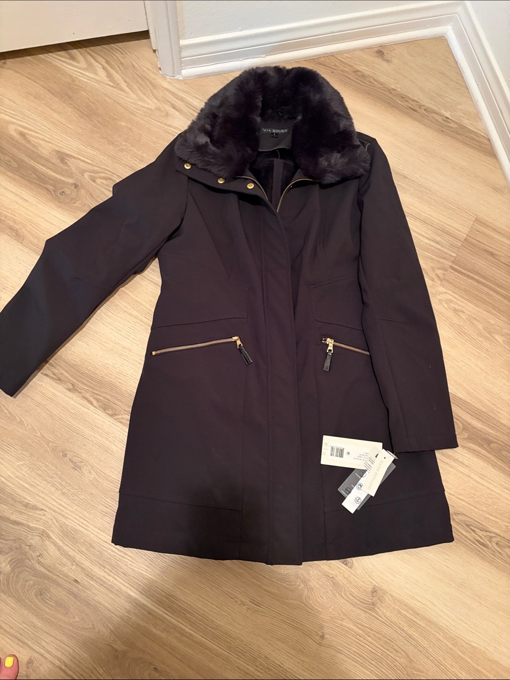 Via Spiga Black Trench Coat with Faux-Fur Collar and Gold Hardware